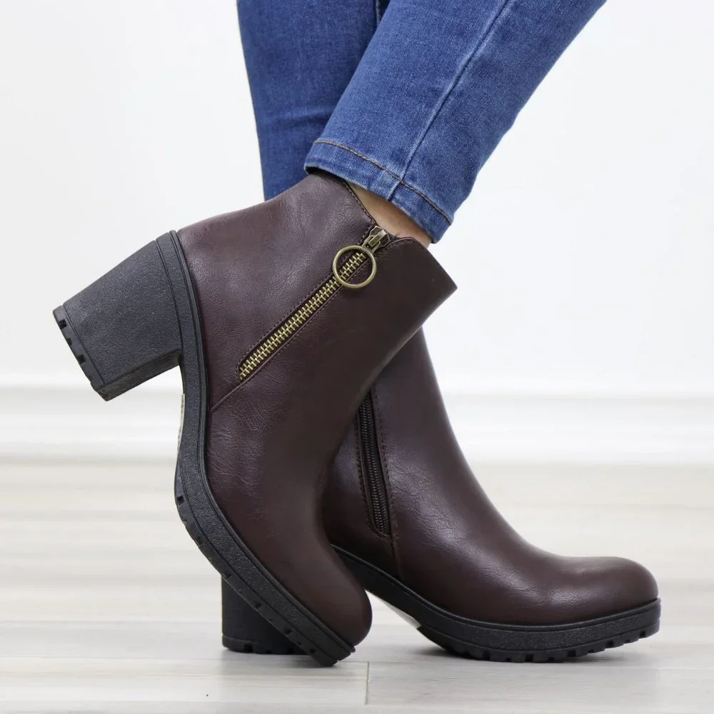 Brown Synthetic Leather Chunky Lug Block Heel Round Toe Ankle Boots - Picture 4 of 11